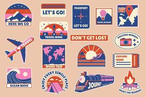 Retro travel stickers set in flat design. Collection labels with passport, flight, mountains, ocean wave, train, world trip, tropical island, photo memory, map, countries, other. illustration. vector