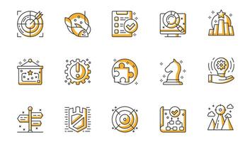 Business strategy icons set in outline stroke design for web. Pack line pictograms with target, catch, list schedule, research market, rating, advertisement, marketing, other. illustration. vector