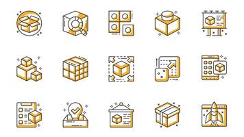 Abstract product icons set in outline stroke design for web. Pack line pictograms with box package, research, module, component, advertising presentation, item scalable, other. illustration. vector