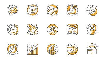 Performance icons set in outline stroke design for web. Pack line pictograms with exploding, speedometer, increase arrow, strength, stopwatch, meteor, running, boost, push, other. illustration. vector