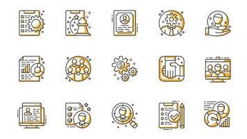 People management icons set in outline stroke design for web. Pack line pictograms with tasks, strategy, qualification certificate, manager, human resource, business plan, other. illustration. vector