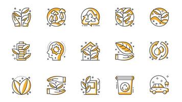 Ecology icons set in outline stroke design for web. Pack line pictograms with hands save plant, forest, nature, recycling, globe, battery charge, awareness, smart home, other. illustration. vector