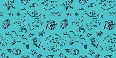 Continuous doodle pattern of sea life. Sea creatures. Hand drawn illustration for textile and design vector