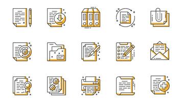 Document icons set in outline stroke design for web. Pack line pictograms with page, pen, downloading, folder, sync, clip, writing, checklist, email, certificate, printer, other. illustration. vector