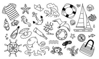 Doodle set with hand drawn elements of sea life. Sea animals, plants and objects. marine collection for your design. vector
