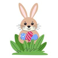Easter bunny holding eggs in its paws and hiding in the grass. Cute Easter character. vector