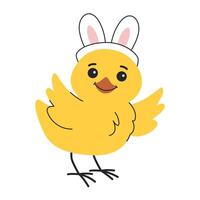 Easter chick with bunny ears and spread wings. Funny character for Easter card or poster. Isolated on white background. vector