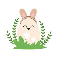Easter egg with bunny ears and happy face lying in grass and flowers. vector