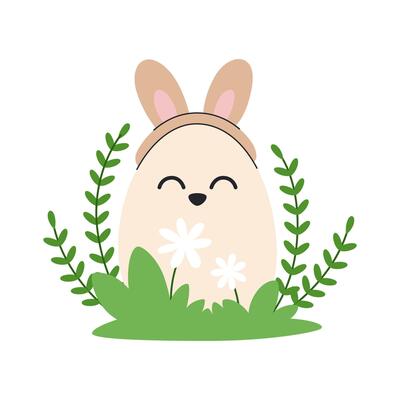 Easter egg with bunny ears and happy face lying in grass and flowers.