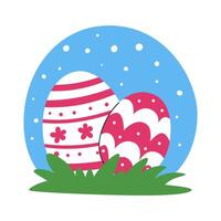 Easter composition of two eggs with pink patterns lying on the grass. Egg hunt and Easter cards festive element. vector