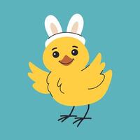 Cute Easter chick with bunny ears and spread wings. Funny character for Easter design. vector
