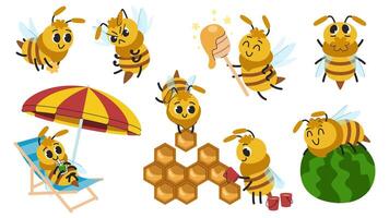 Children's cartoon bees set. Bees work and rest, carry pollen, build honeycombs and make honey. Different poses and emotions. Cute children's characters. vector