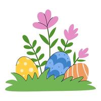 Easter patterned eggs hidden among grass and flowers. Easter composition for egg hunt. Isolated on white background. vector