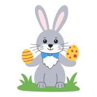 Cute easter bunny holding an egg in each paw, sitting on the grass. Isolated on white background. vector