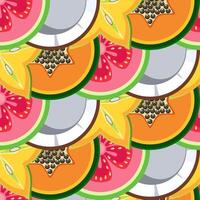 Exotic tropical fruits seamless pattern with slices of star fruit, papaya, guava, and coconut vector