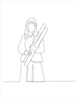 Single continuous line drawing of young female architect holding blueprint paper pose cross arms. Minimalism concept one line draw graphic design illustration. vector