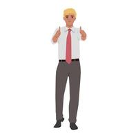 Smiling man in business attire confidently gives two thumbs up, expressing approval and positivity. vector