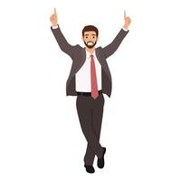 Cheerful man in a suit energetically raises both hands with pointed fingers, celebrating with joy. vector