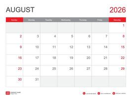 AUGUST 2026 year, calendar 2026 template vector