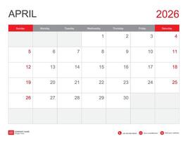 APRIL 2026 year, calendar 2026 template vector
