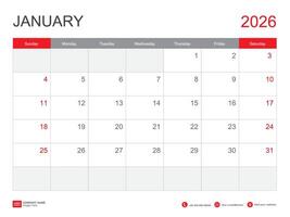 JANUARY 2026 year, calendar 2026 template vector