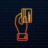 Online transaction icon Payment icon. neon style.payment with credit card icon. pay for online purchase. debit card. digital money. thin line color symbol. modern style pictogram vector