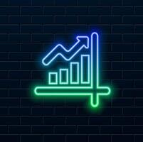 Business Chart With Green Arrow Going Up. neon style. Bars Bar Chart Showing Budget Versus Sales.chart icon symbol image for data statistics analysis illustration. vector