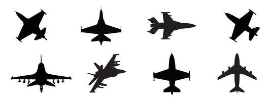 Black and white various military aircraft, fighter jet airplane silhouettes on isolated background vector