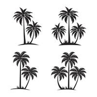 Four Set of palm coconut trees silhouette illustration on isolated white background sea beach vector