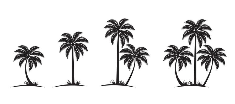 Sets of palm coconut trees silhouette illustration on isolated white background sea beach