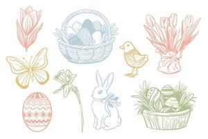 Hand drawn vintage easter elements. Spring collection sketch illustrations. Rabbit, eggs, flowers, butterfly, bird vector