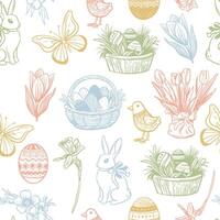 Hand drawn seamless pattern. vintage easter elements. Spring collection sketch illustrations. Rabbit, eggs, flowers, butterfly, bird vector
