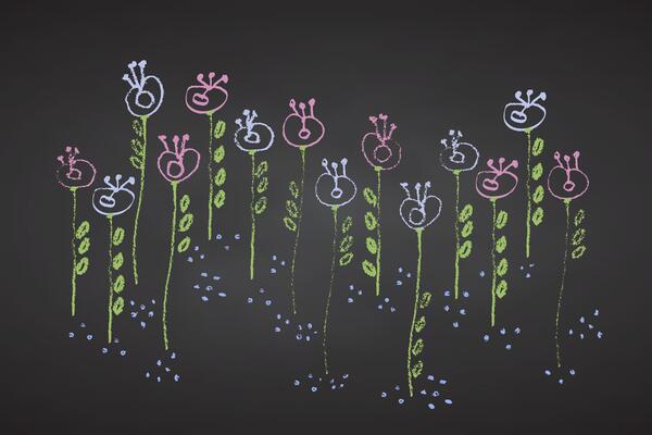 Collection of hand drawn charcoal doodle flower decor shapes Childish girl style. Pencil drawings Color elements on chalkboard. Grunge chalk crayon scribbles doodle textures. illustration