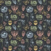 Hand drawn seamless pattern. vintage easter elements. Spring collection sketch illustrations. Rabbit, eggs, flowers, butterfly, bird. grey background vector
