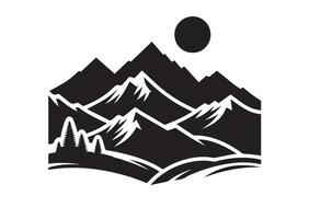 A black and white illustration of a mountain landscape. It features sharp, jagged peaks with snowcaps, a few evergreen trees in the foreground, and a sun or moon in the sky. vector