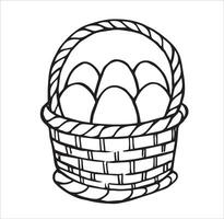 wicker basket with farm eggs, cute doodle illustration vector