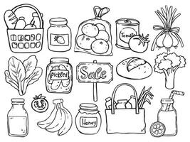 set of illustrations on the theme of shopping, grocery store. cute doodle drawings vector