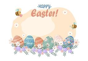 Happy Easter greeting card with eggs, flowers and bee. vector