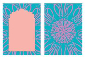 Indian blue pastel pink window frame with floral patterns in Mughal style, oriental decorative design template, place for text card, wedding invitation vector