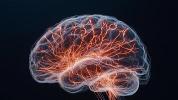 Brain anatomy, neural pathways highlighted. Complex neural network, 3D representation photo