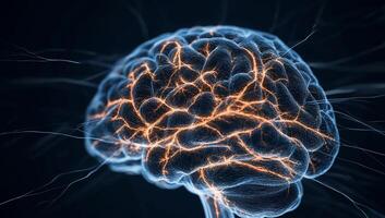 3D rendering of an active brain, highlighting neural pathways with glowing energy photo