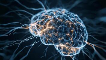 Active brain with neural pathways. Detailed 3D illustration of the human brain, highlighting intricate neural connections and electrical activity photo