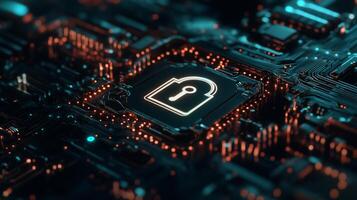 Secure circuit board with a glowing padlock photo