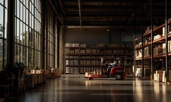 Warehouse worker operating forklift in a spacious distribution center photo