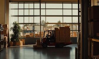 Warehouse forklift operator loading boxes photo