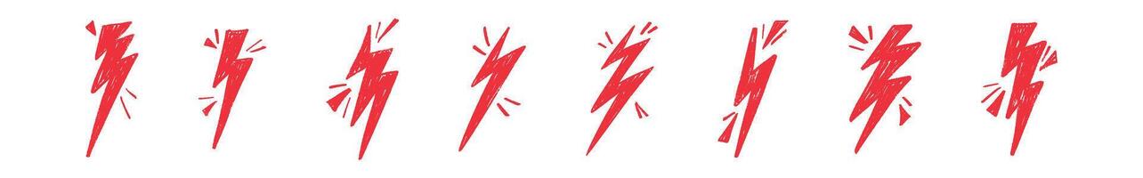Red Hand draw thunder bolt with zappy doodle lines. Electric lightning flash energy symbol. Flat illustration isolated on white background. vector