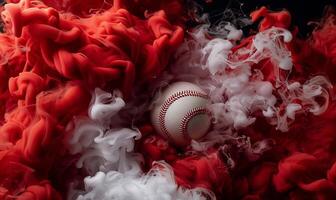 Baseball in a swirl of red and white ink photo