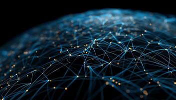 Global network of interconnected points and lines, forming a sphere. A complex system of data flows, digital connections photo