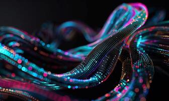 Abstract digital ribbons with vibrant colours and glowing particles. Intricate interwoven lines and dots create a dynamic, futuristic design photo