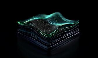Abstract layered tech cube with glowing lines and particles photo